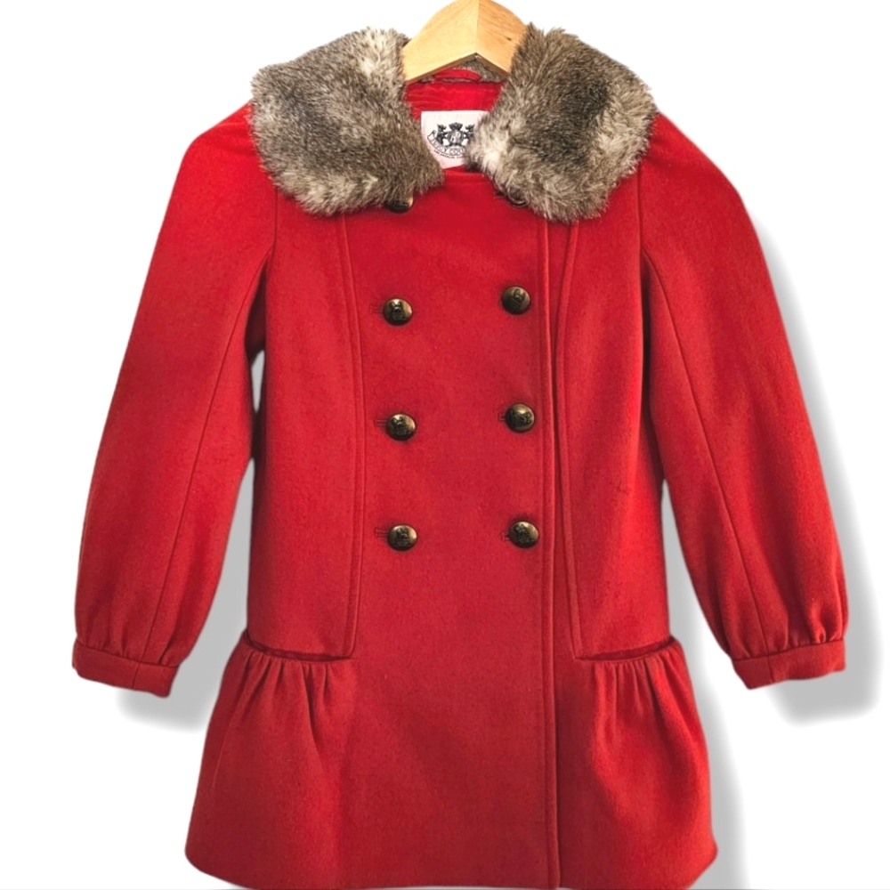 Juicy Couture Wool‎ Coat Red Girls Size 6/6X Faux Fur Collar Warm Winter Jacket